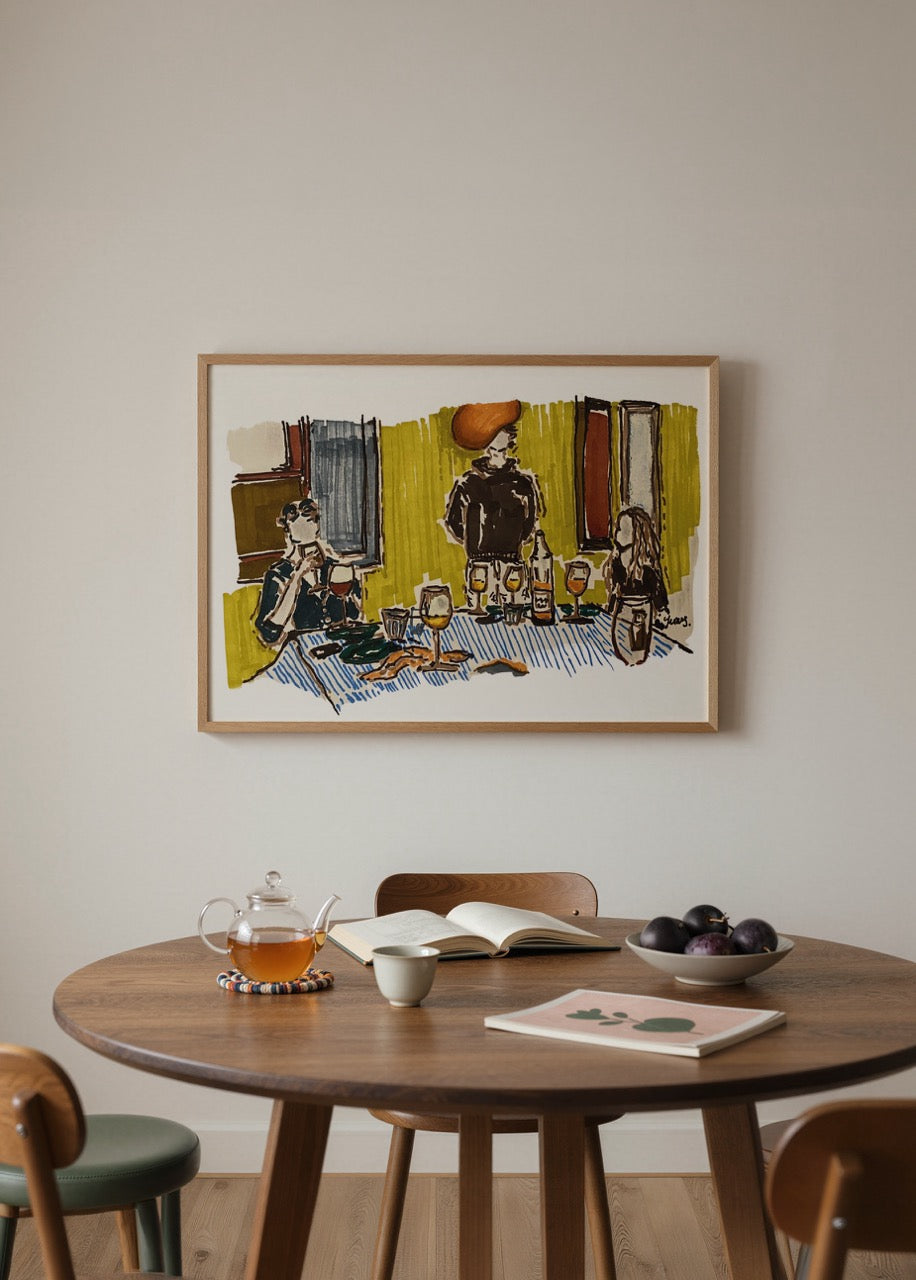 A vibrant illustration capturing friends enjoying wine together at a table.