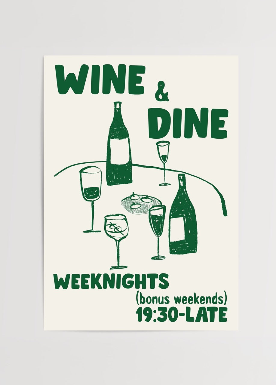 Illustrative wine and dine art print featuring drinks and bottles.