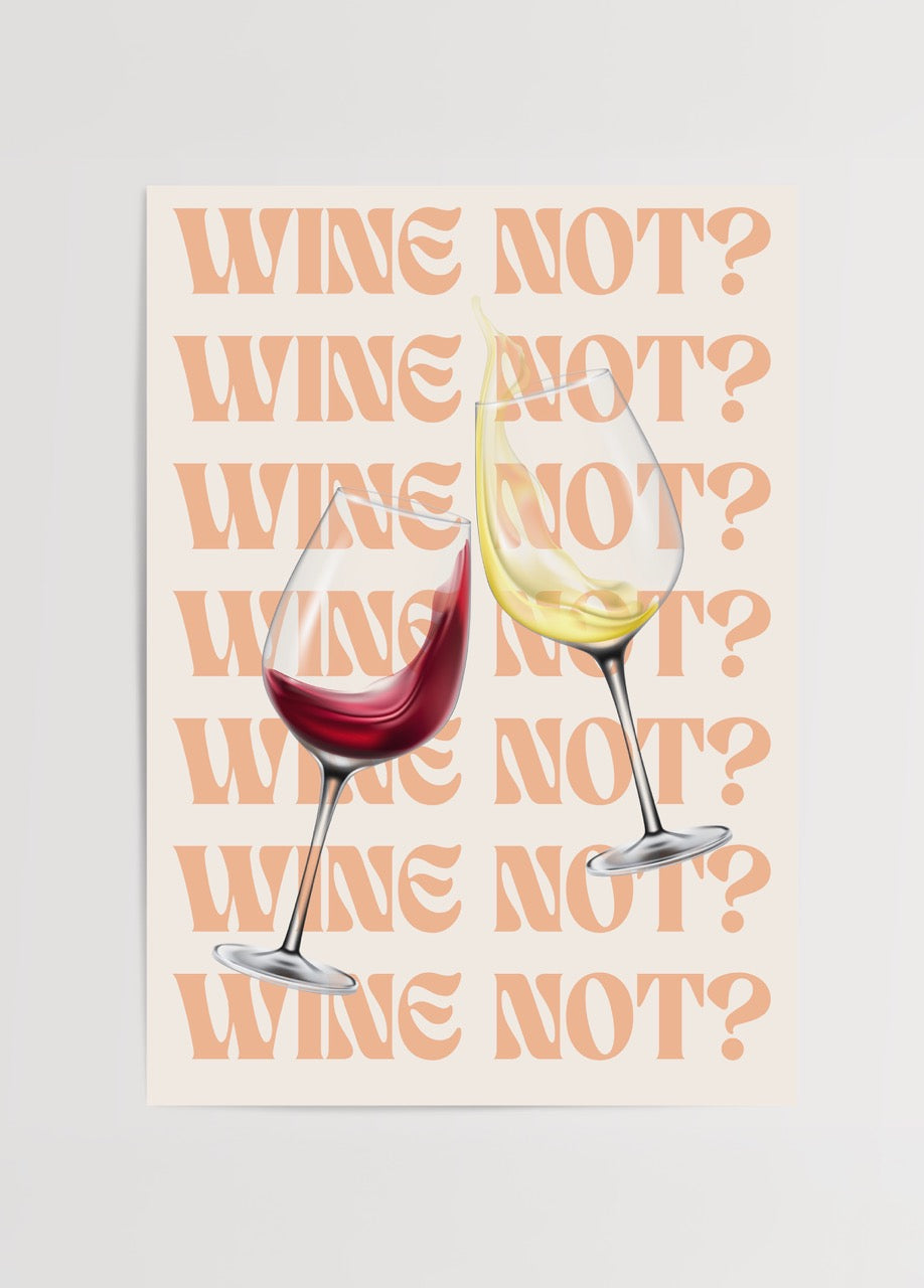 Playful wall art featuring illustrated wine glasses and text &