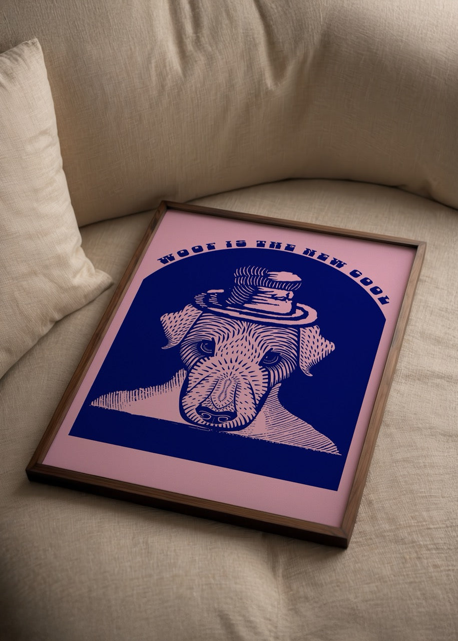 Illustrative dog wearing a hat in pink and blue tones.