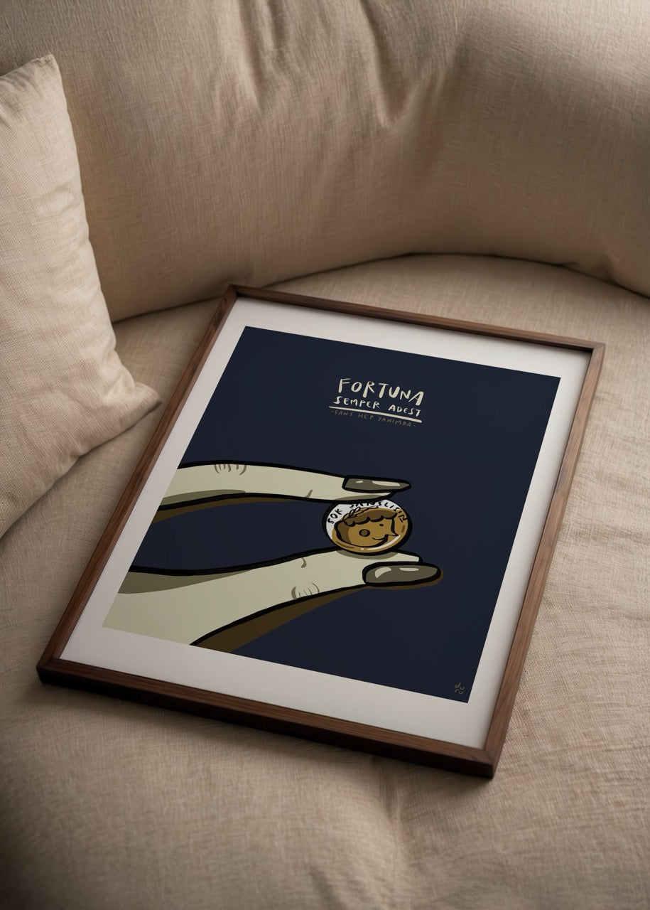 A whimsical illustrated poster featuring a hand holding a coin with a smiling character.