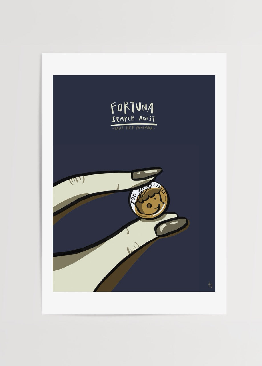 A whimsical illustrated poster featuring a hand holding a coin with a smiling character.