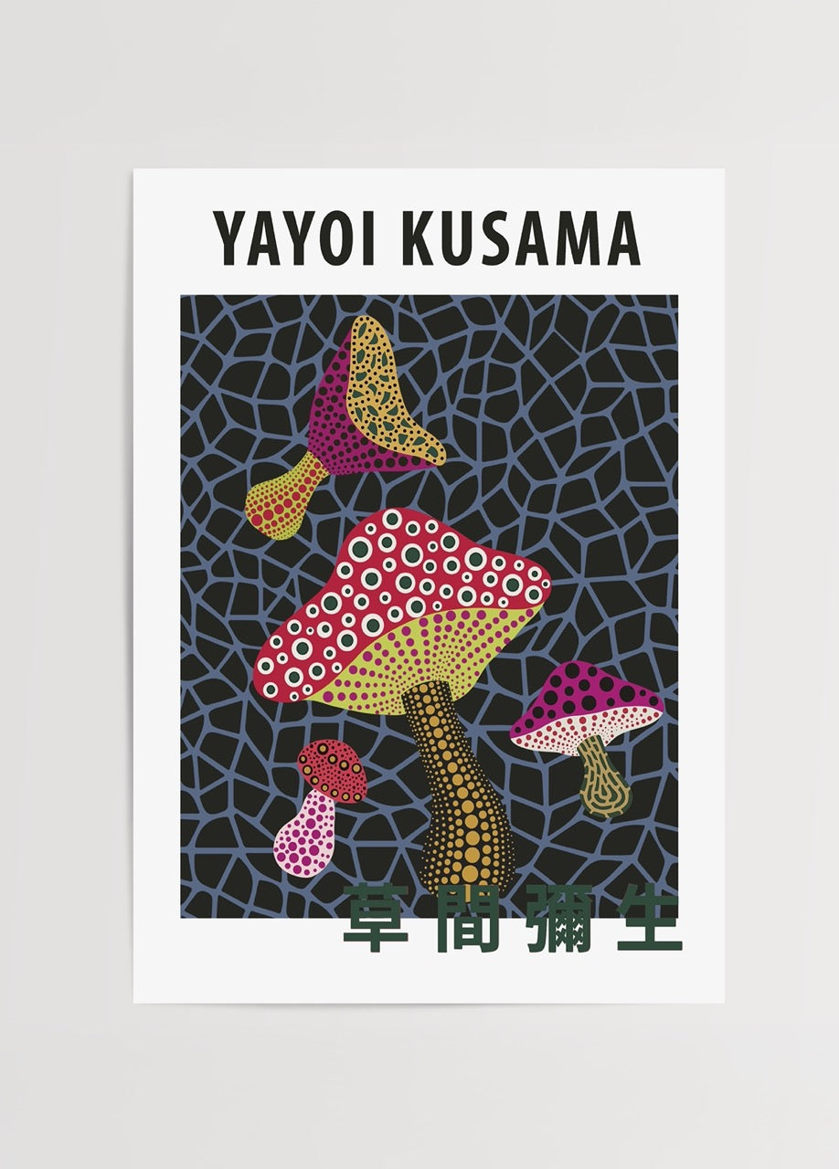 Vibrant whimsical mushroom artwork with bold patterns.