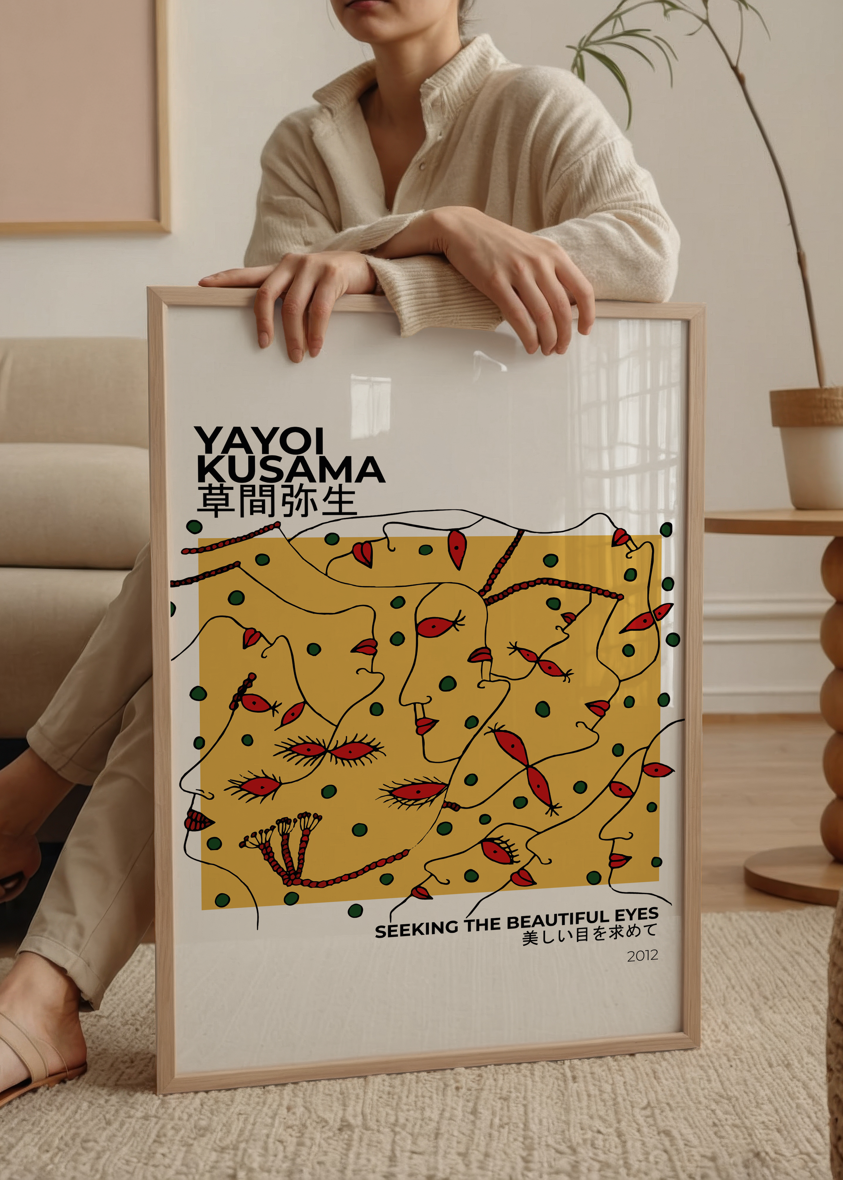 Vibrant artwork featuring abstract faces and dots, perfect for modern wall art.