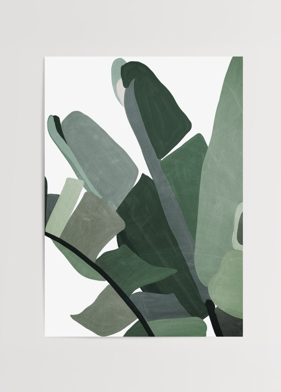Minimalist art print featuring serene green leaves.