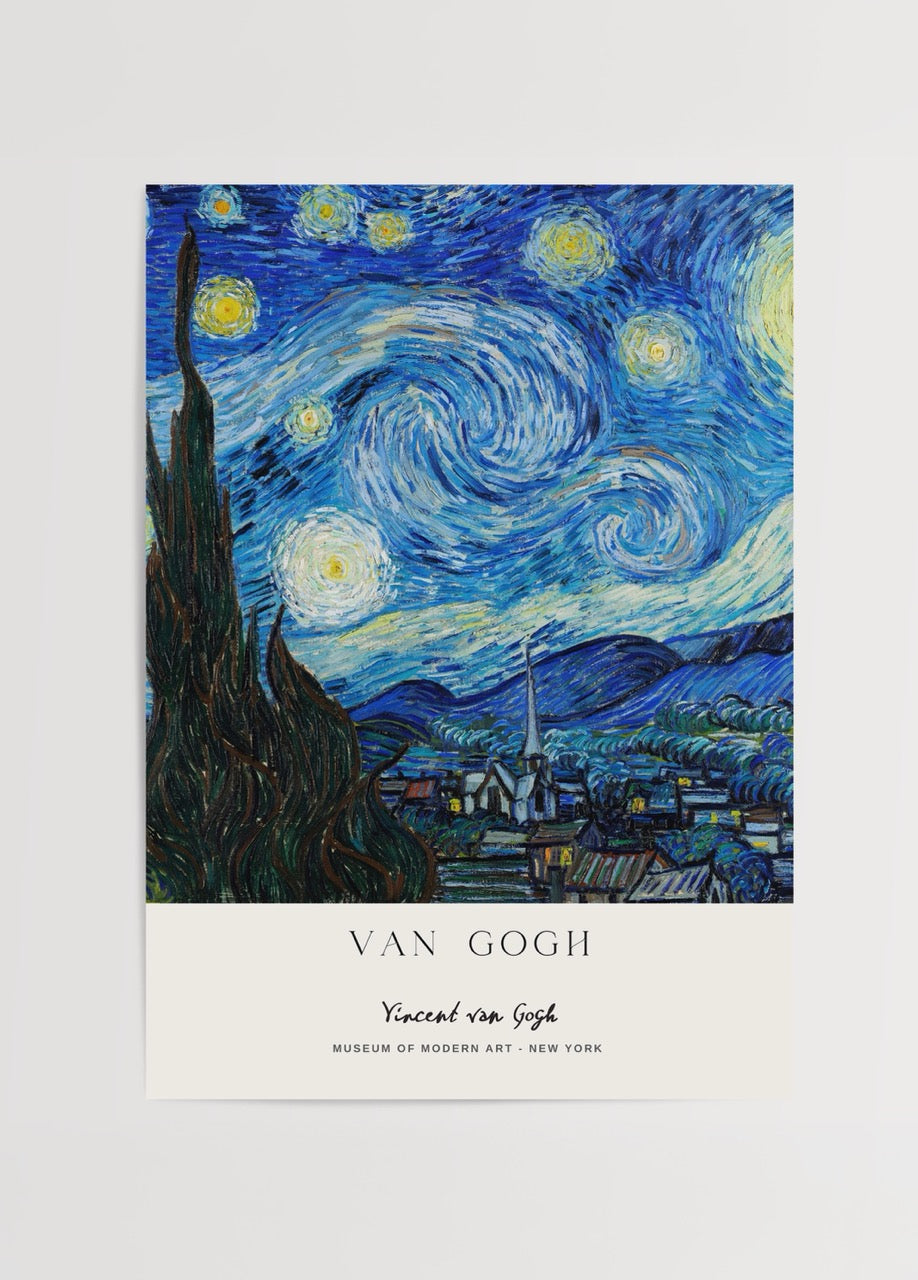Celestial Nightscape Art Print featuring swirling blue skies and bright stars.