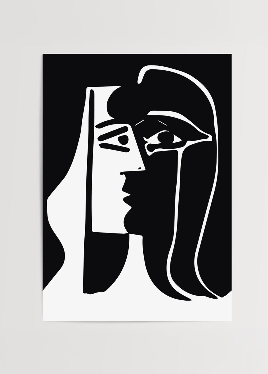Monochrome artwork featuring abstract faces in bold lines.