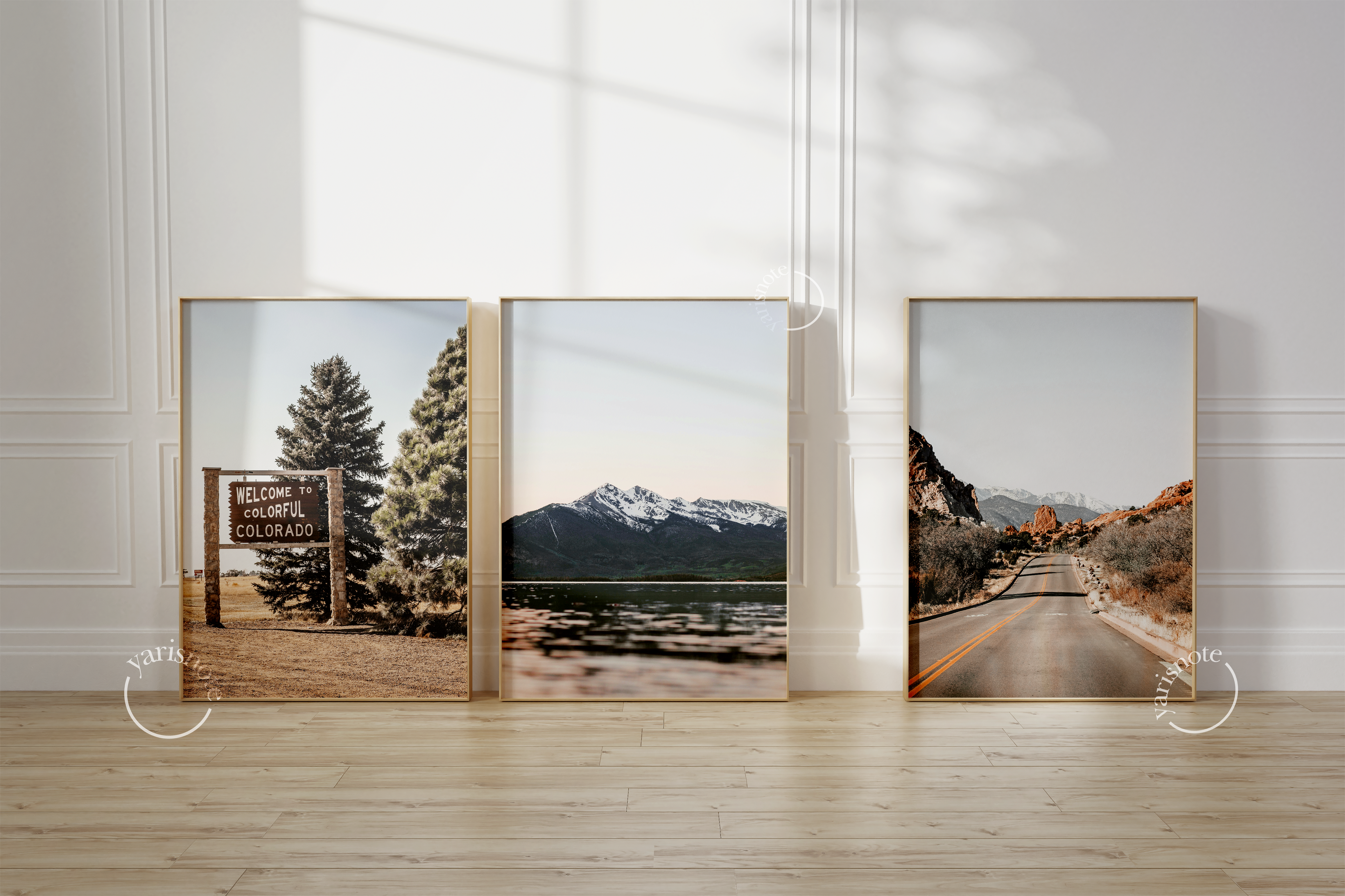 Tranquil Colorado Landscape Triptych showcasing serene mountains and a scenic road