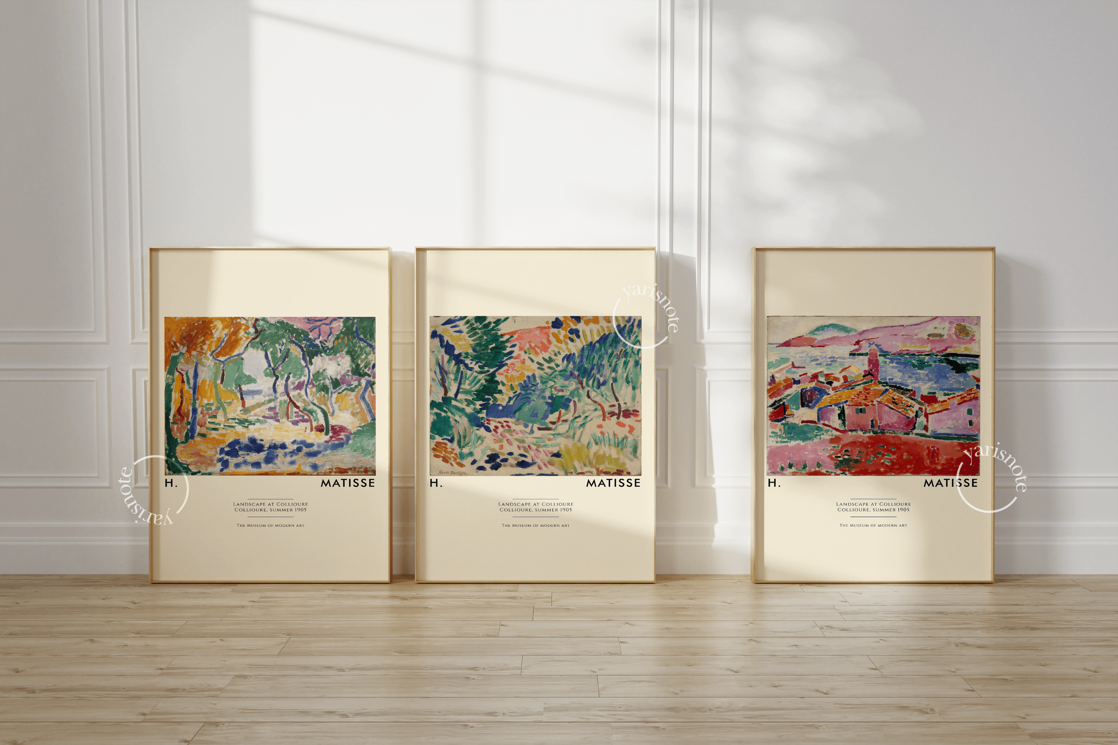Trio of vibrant wall prints showcasing abstract art in a modern interior setting.