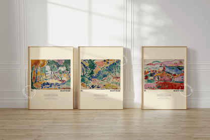 Trio of vibrant wall prints showcasing abstract art in a modern interior setting.