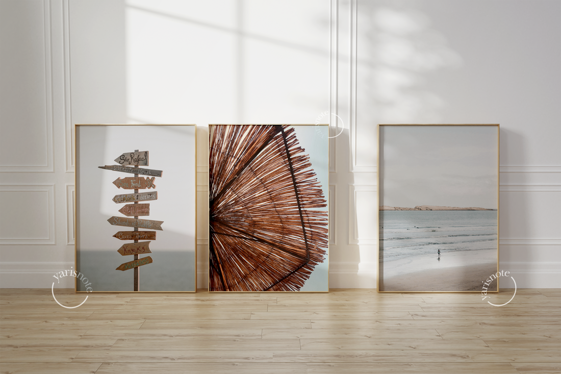 Tranquil beach-themed art set featuring coastal prints for serene interior styling.