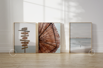 Tranquil beach-themed art set featuring coastal prints for serene interior styling.