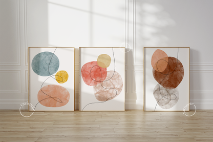 Ethereal Harmony Triptych featuring soft organic shapes in muted tones.