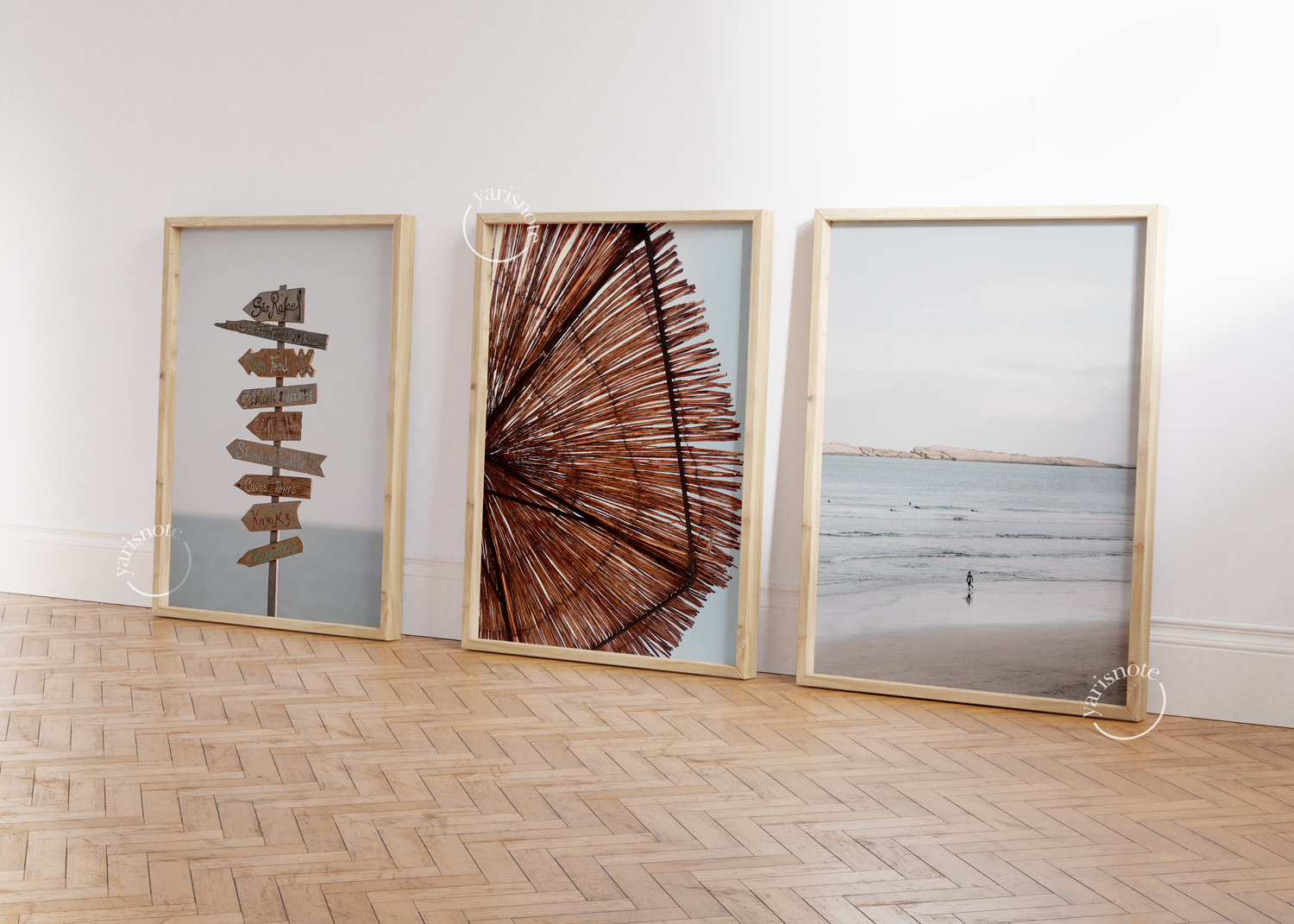 Tranquil beach-themed art set featuring coastal prints for serene interior styling.