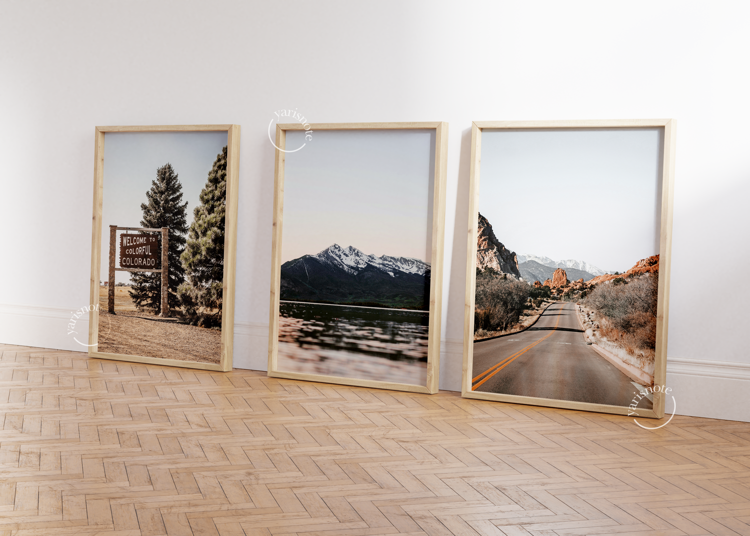 Tranquil Colorado Landscape Triptych showcasing serene mountains and a scenic road