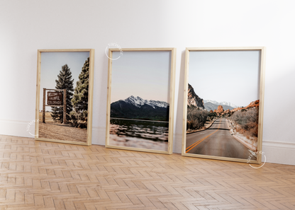 Tranquil Colorado Landscape Triptych showcasing serene mountains and a scenic road