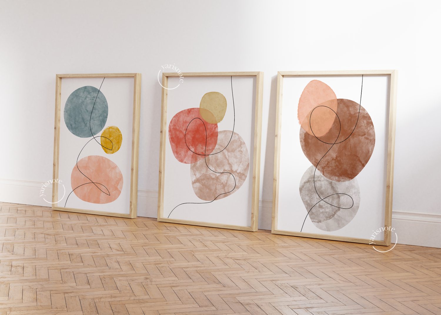 Ethereal Harmony Triptych featuring soft organic shapes in muted tones.