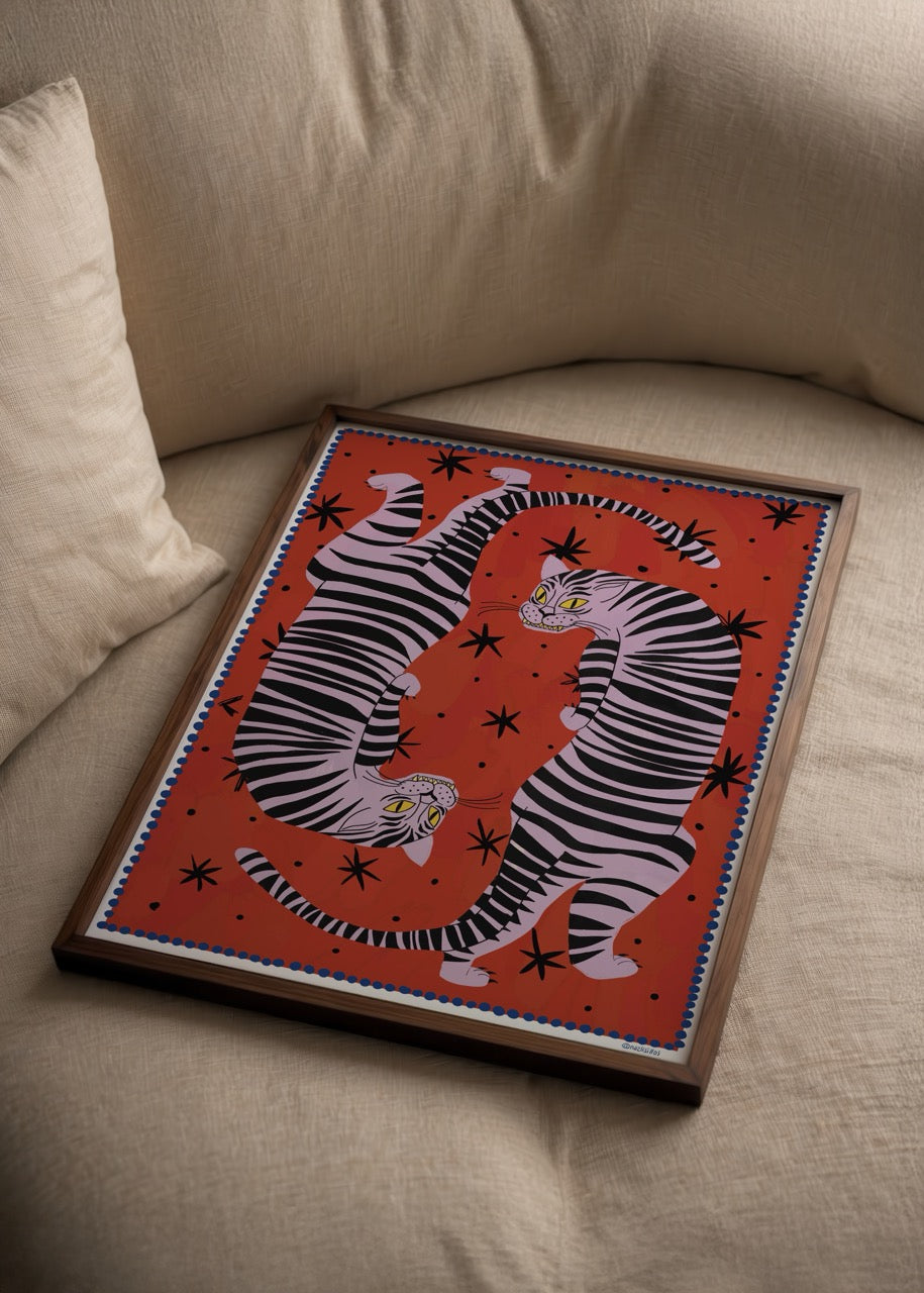 Vibrant artwork featuring two leopards in bold colours on a striking background.