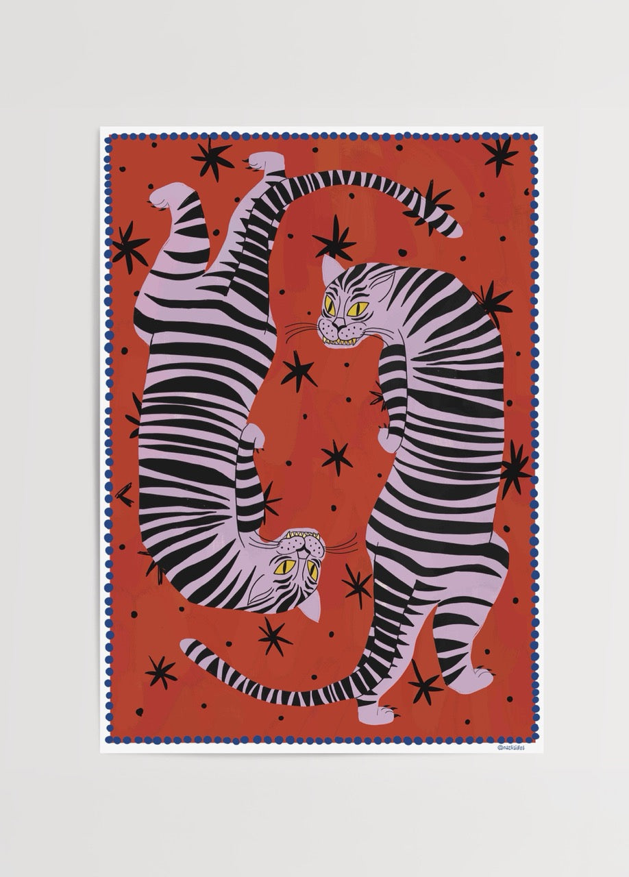 Vibrant artwork featuring two leopards in bold colours on a striking background.