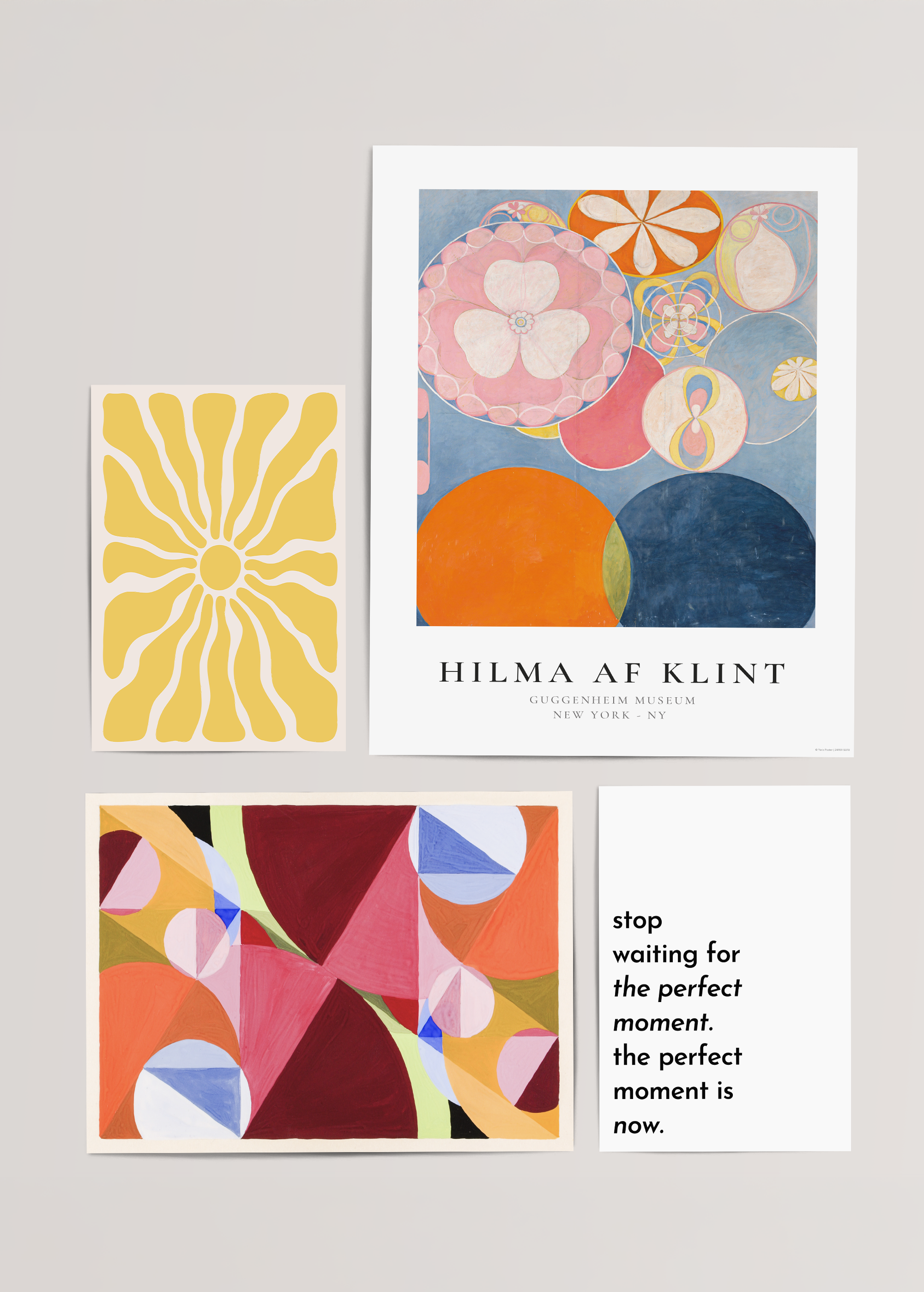 Vibrant abstract typography wall art set featuring bold shapes and colours.