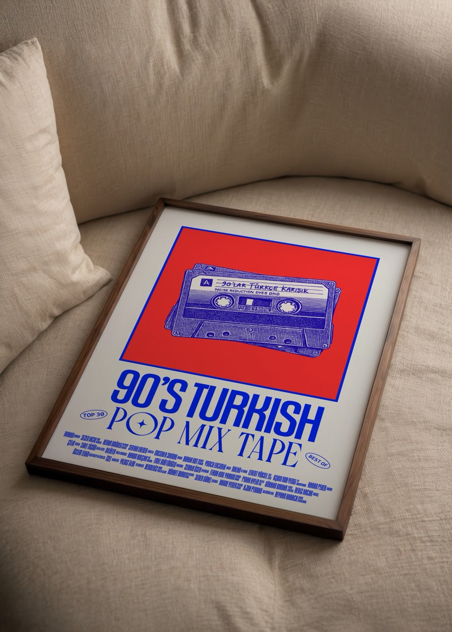 90s Turkish Pop Mix Tape Poster Print featuring a vibrant cassette design.