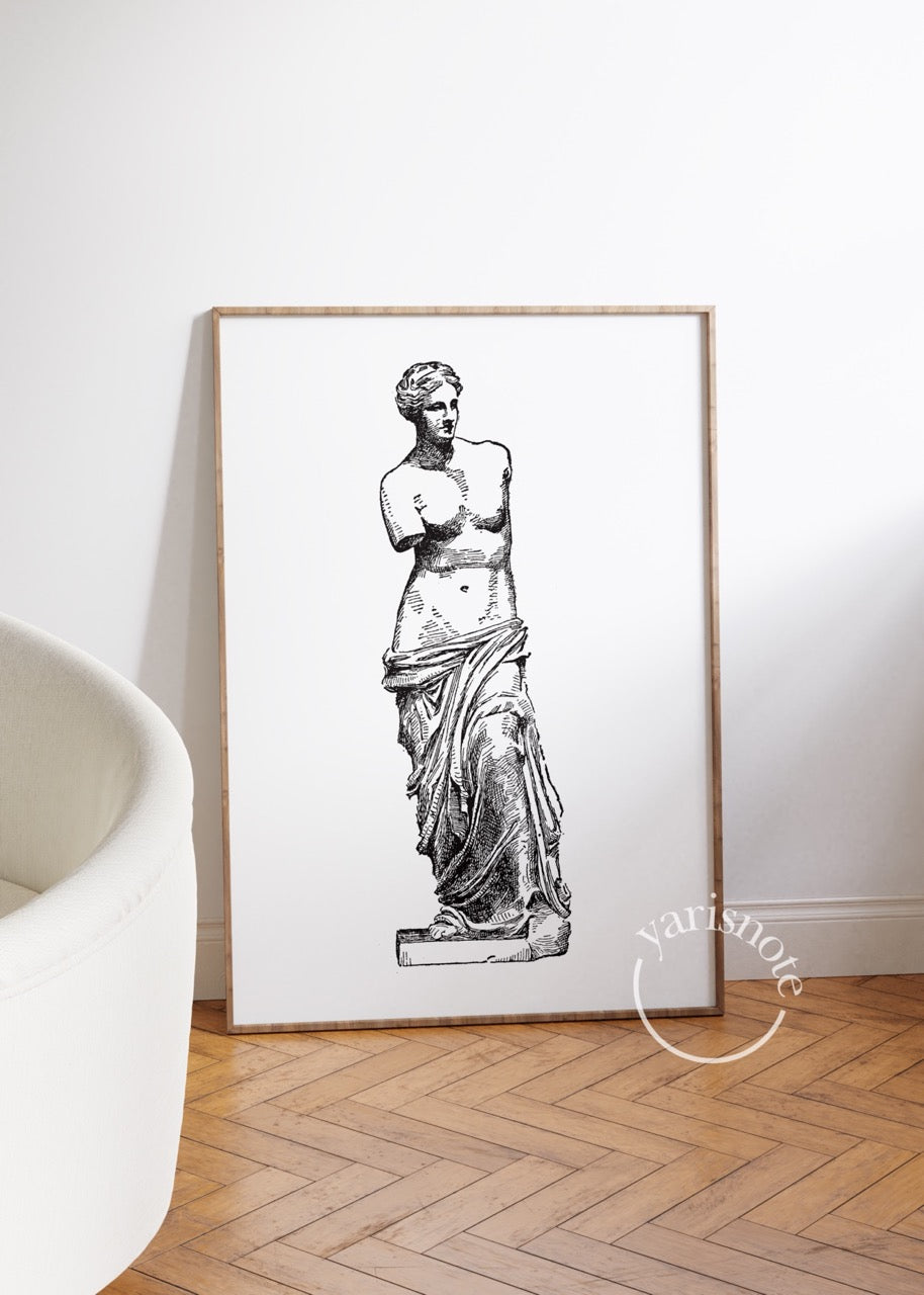 A stylish monochrome poster set featuring classic sculptures and typography for elegant home decor.