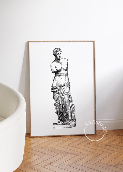 A stylish monochrome poster set featuring classic sculptures and typography for elegant home decor.