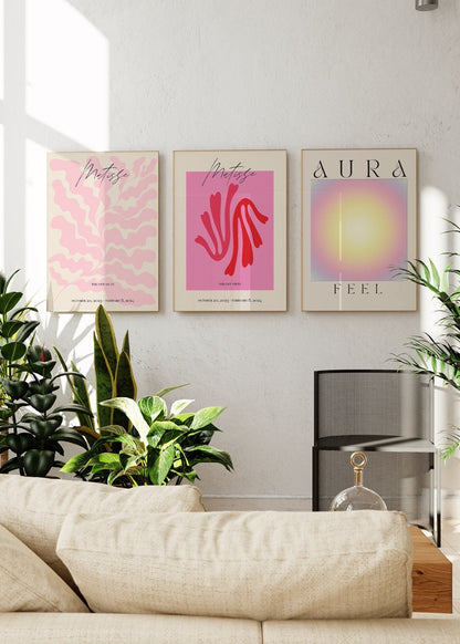 Trio of art prints featuring fluid shapes and soft hues for elegant interiors.