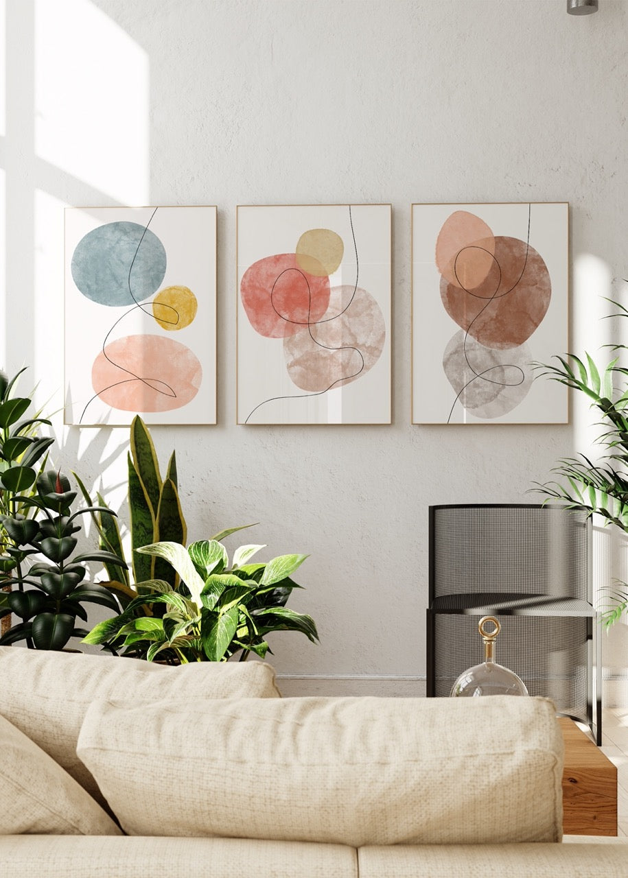 Ethereal Harmony Triptych featuring soft organic shapes in muted tones.