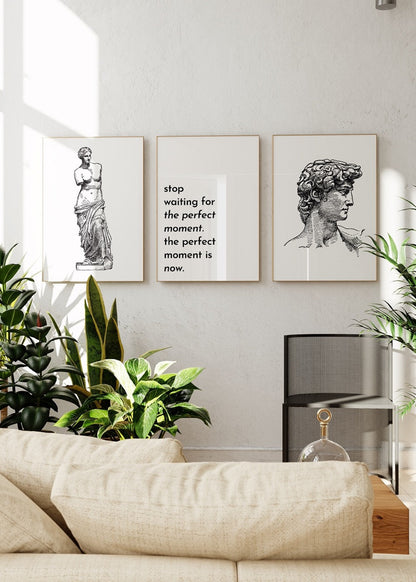 A stylish monochrome poster set featuring classic sculptures and typography for elegant home decor.