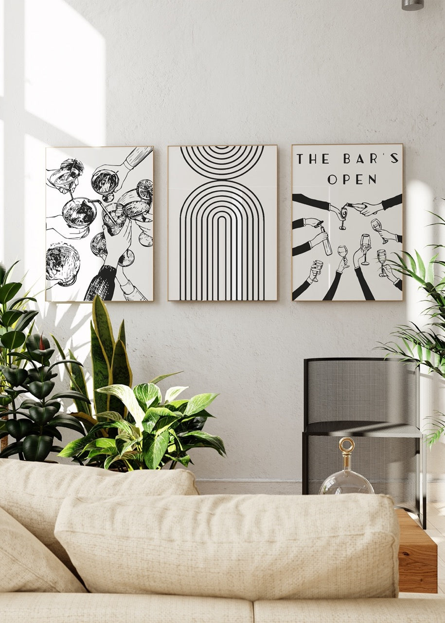 Monochrome wall art set featuring bold black and white designs.