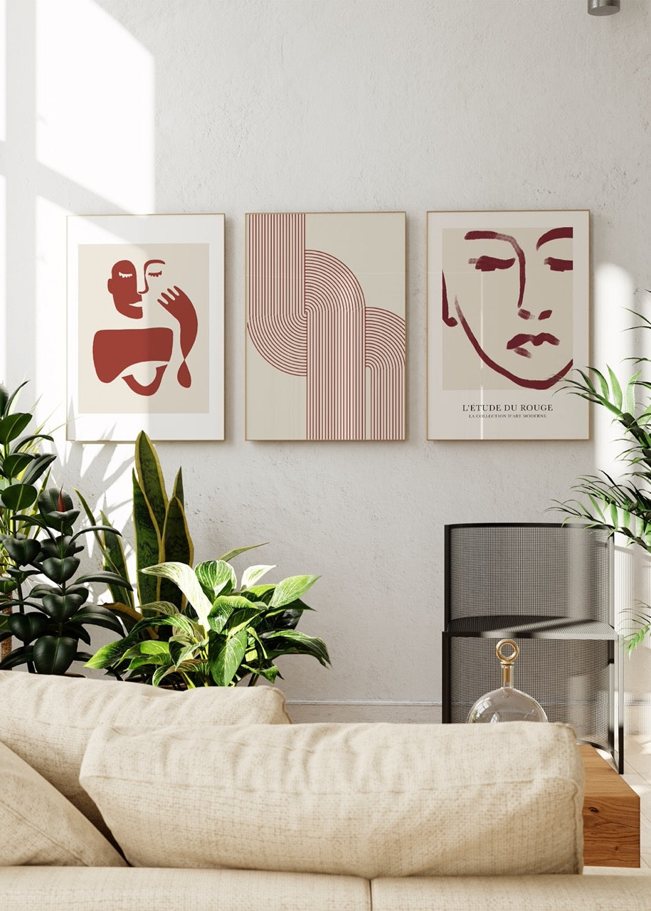 Serene abstract trio of artworks in earthy tones featuring modern designs.