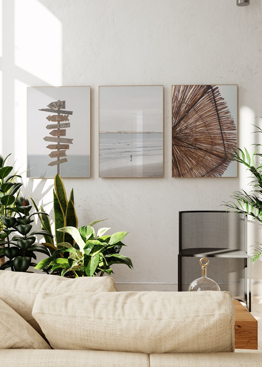 Tranquil beach-themed art set featuring coastal prints for serene interior styling.