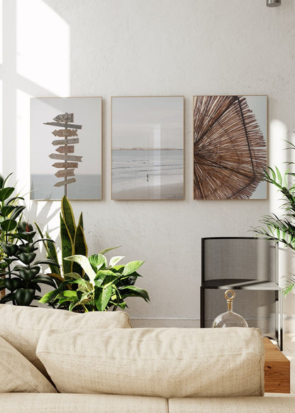Tranquil beach-themed art set featuring coastal prints for serene interior styling.