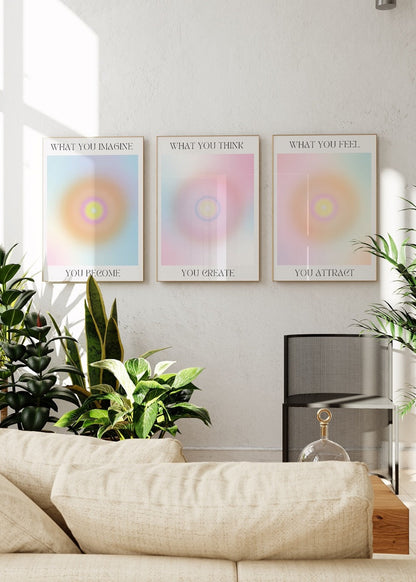 A set of three unframed posters with vibrant gradients and motivational phrases for inspirational wall art.