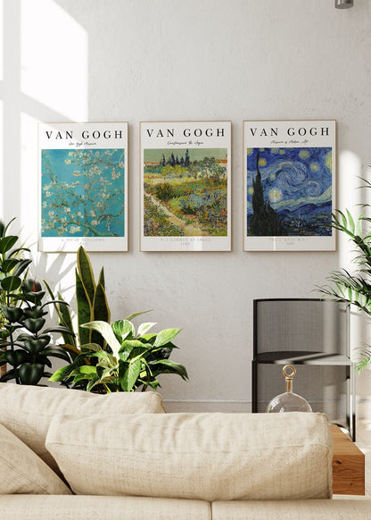 A set of three Van Gogh-inspired posters featuring floral and landscape themes.