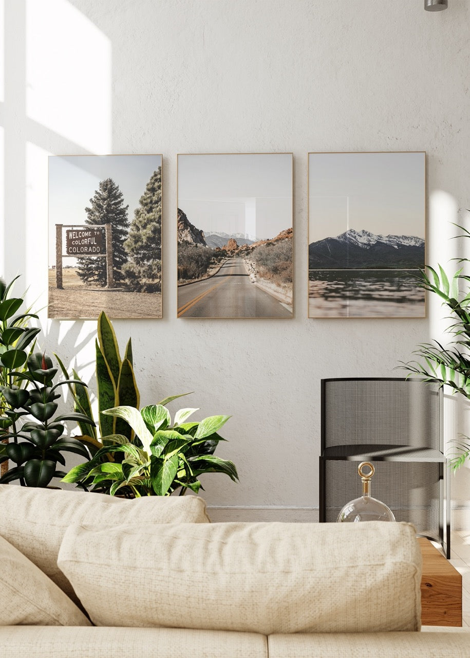 Tranquil Colorado Landscape Triptych showcasing serene mountains and a scenic road