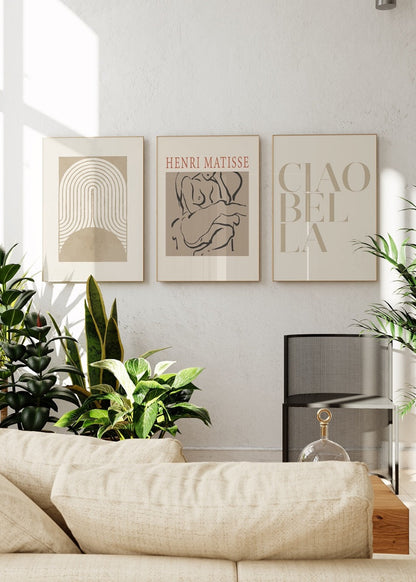 Elegant poster set showcasing minimalist line art and typography for sophisticated interior styling.