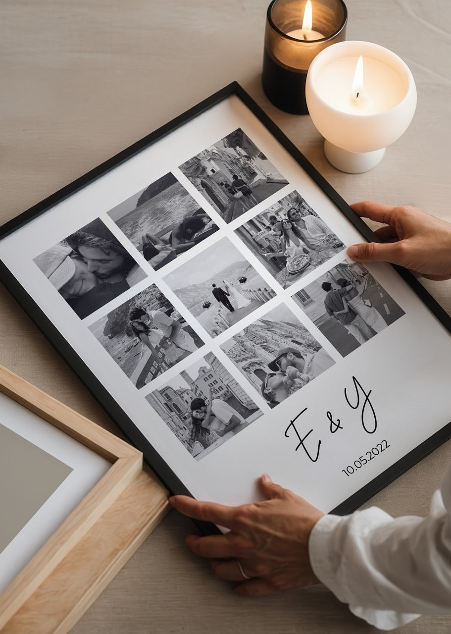 Bespoke black and white collage poster featuring personal photos.