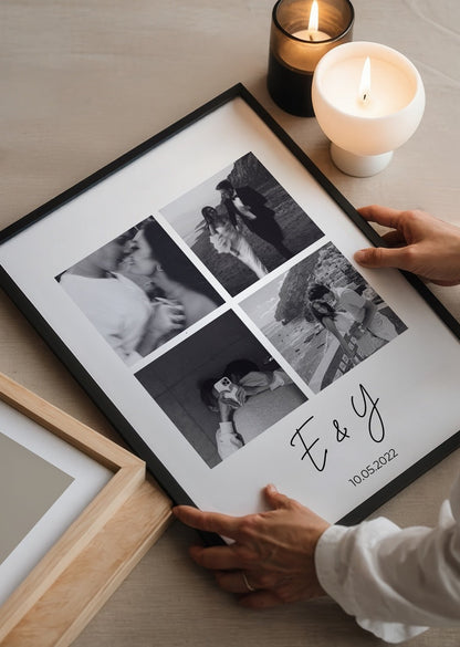Personalised photo collage art featuring black and white images.