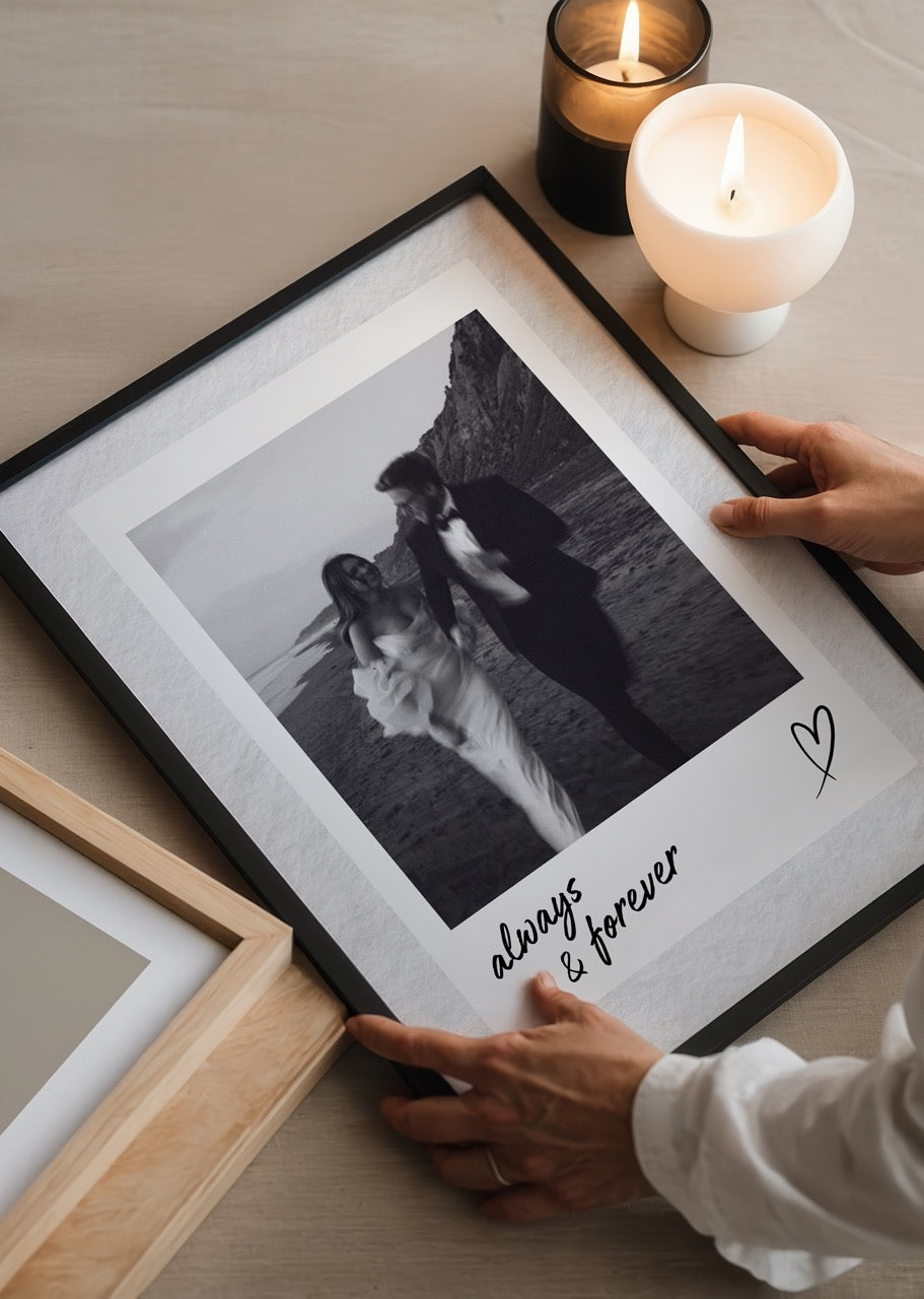 Customised wall art featuring a romantic couple in black and white.