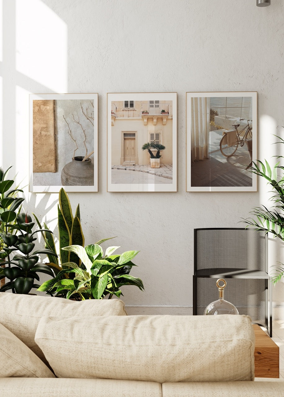 Tranquil Earth Tones Poster Trio showcasing serene nature-inspired artwork for stylish interiors.