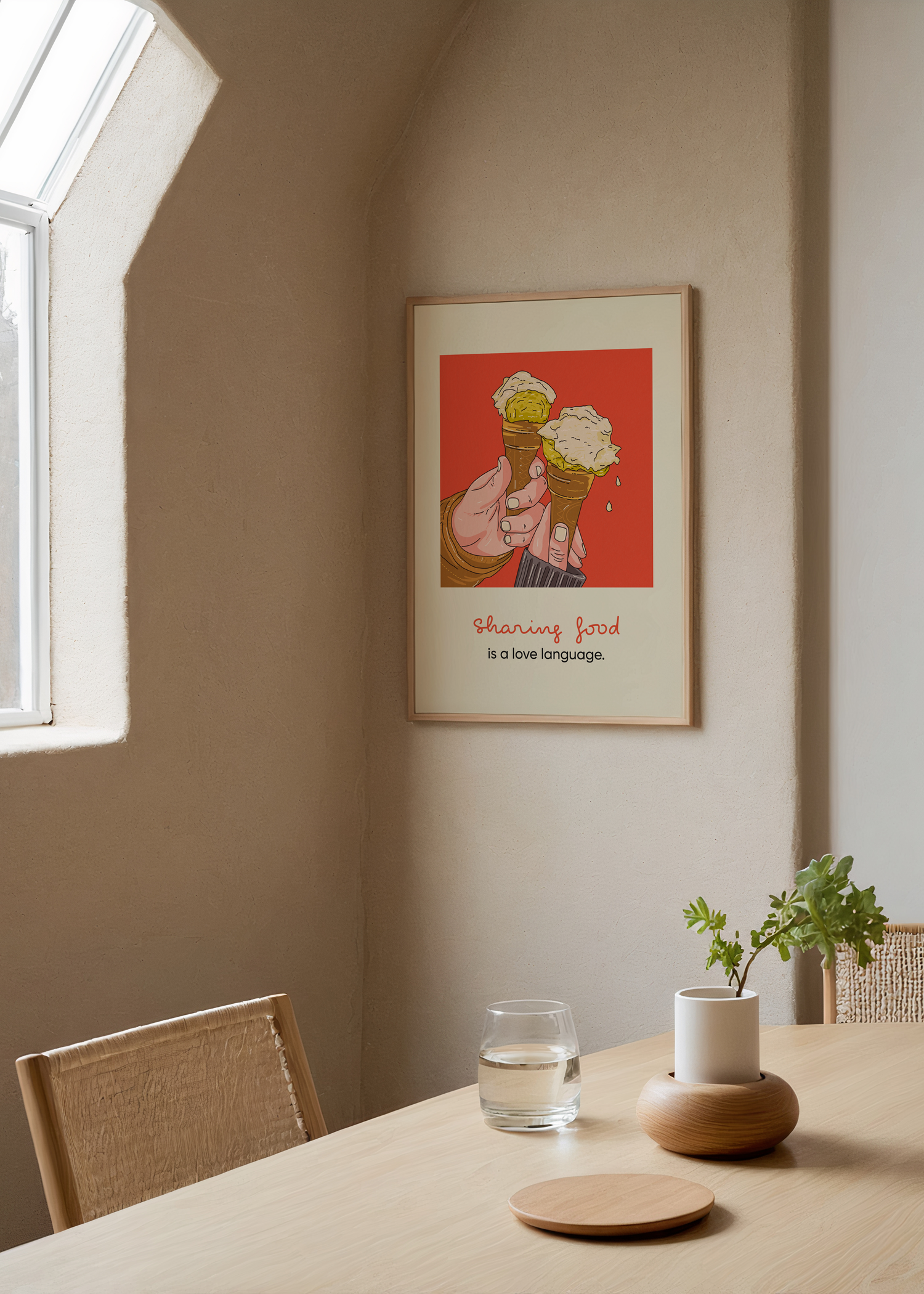 Illustration poster depicting two ice cream cones, conveying the message of sharing food as a love language.
