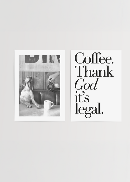 Whimsical coffee and dog-themed poster set for stylish interiors.