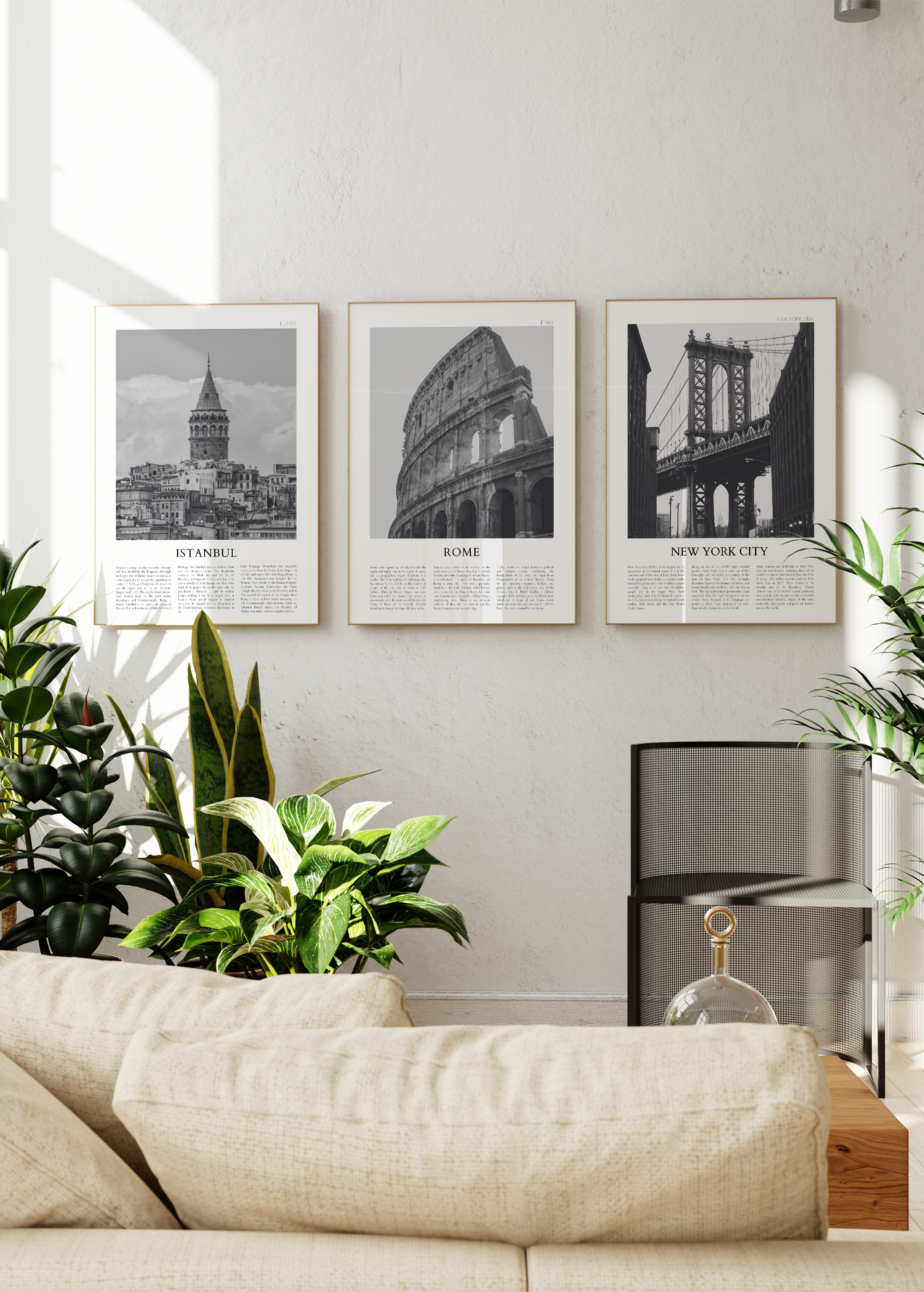 Monochrome cityscape posters of Istanbul, New York, and Rome displayed elegantly.