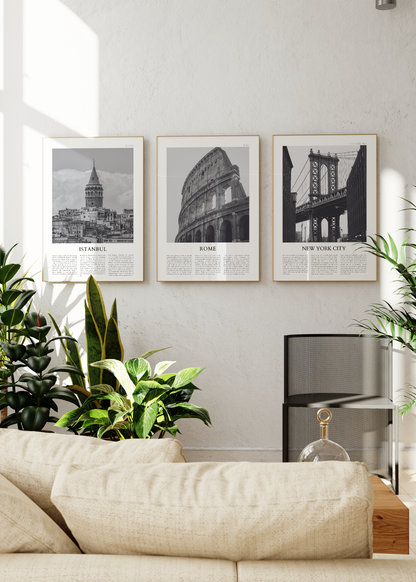 Monochrome cityscape posters of Istanbul, New York, and Rome displayed elegantly.