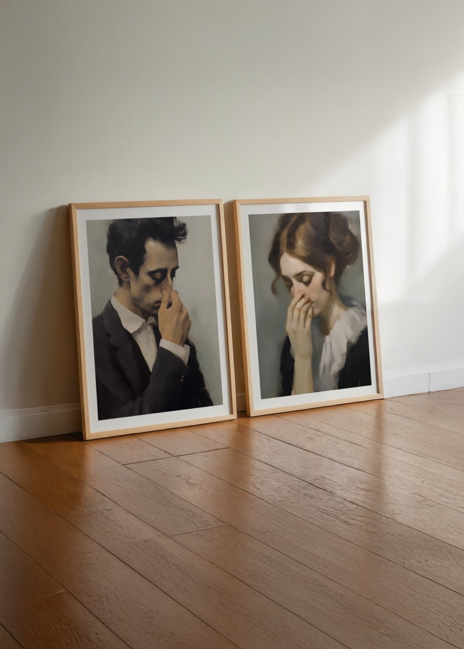 A vintage style poster set featuring two figures in introspective poses.