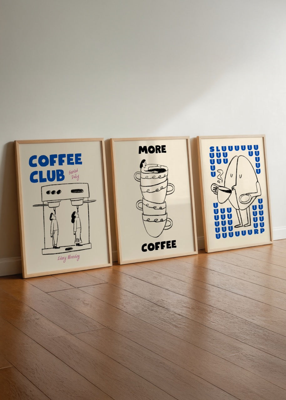 A playful trio of coffee-themed wall art prints in a modern interior setting.