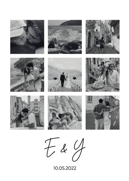 Bespoke black and white collage poster featuring personal photos.