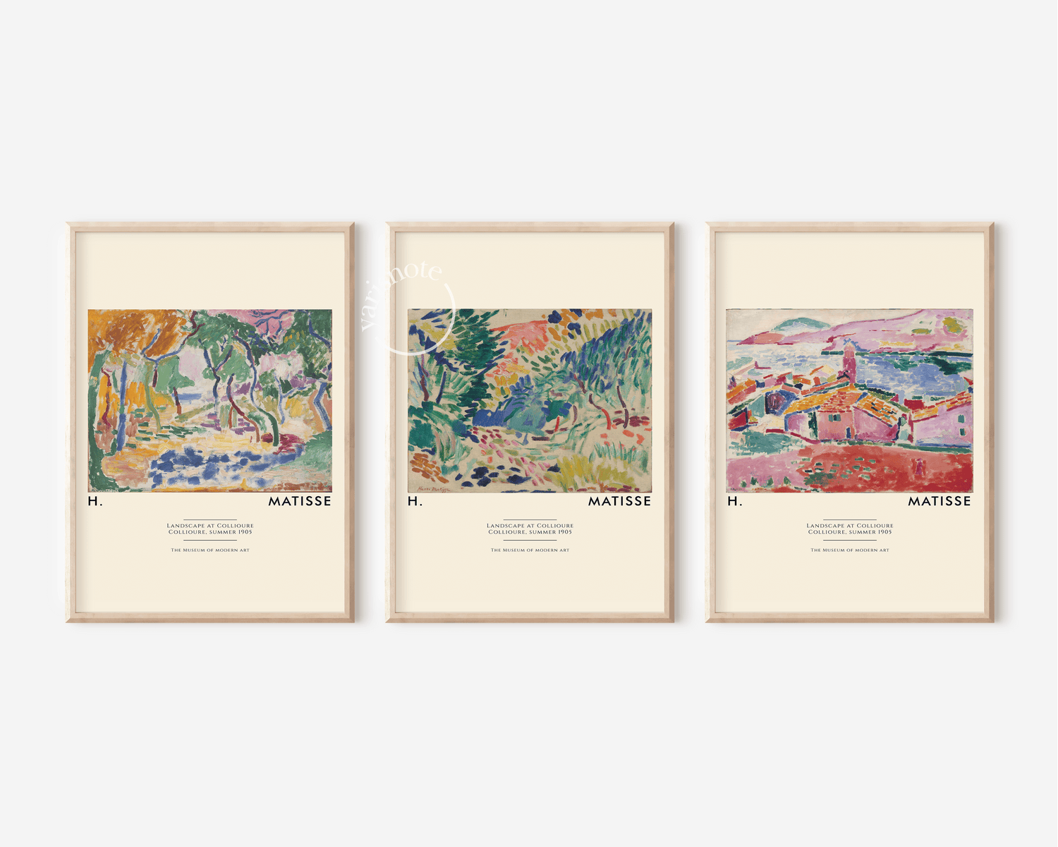 Trio of vibrant wall prints showcasing abstract art in a modern interior setting.
